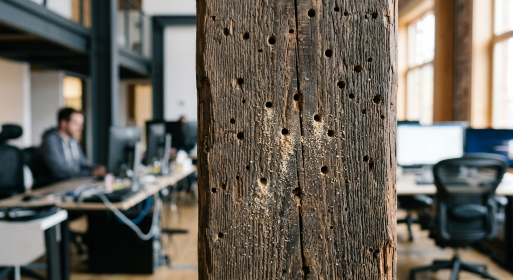 Close-up macro photography of wooden support beam in commerc