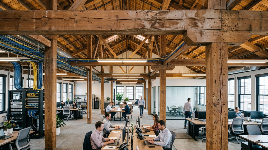 Wide angle shot of commercial office building interior with 