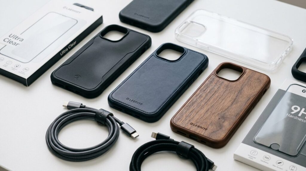 Close-up product photography of premium smartphone cases and