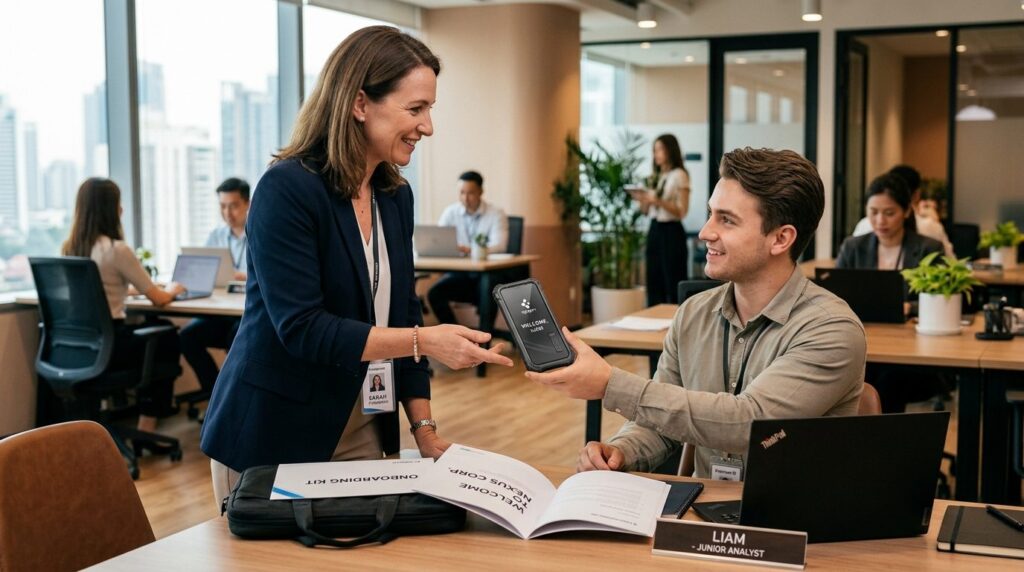 IT manager handing a fully protected smartphone with durable
